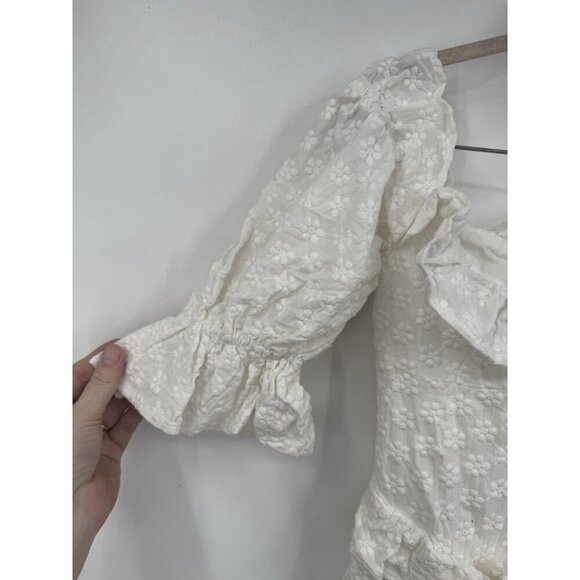 Sabo Luxe Mini Dress Women 4 White Ruffle Textured Floral Peasant Milkmaid - Picture 9 of 10